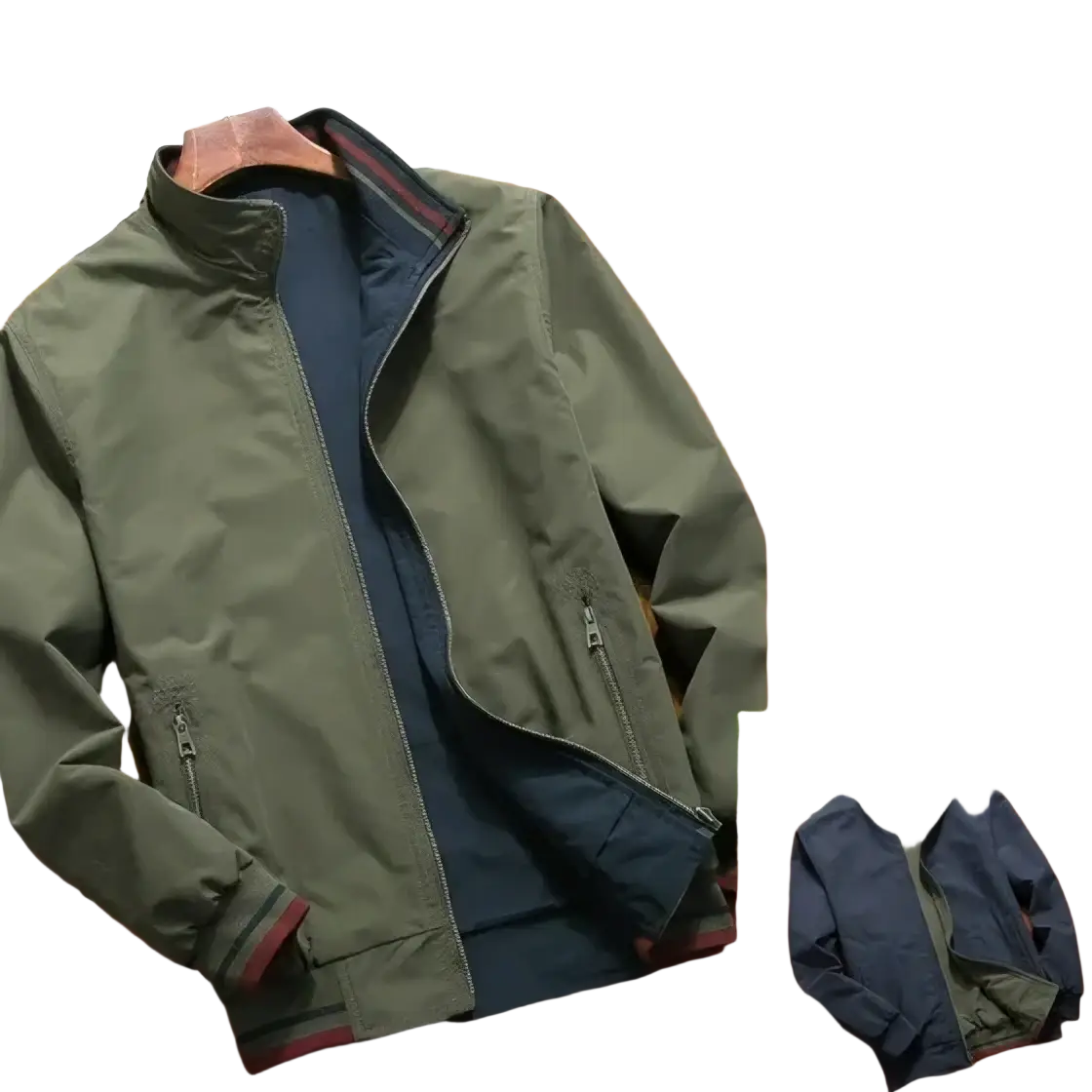 Men casual bomber jacket lightweight zip windbreaker olive green with navy lining and red white striped trim on collar and cuffs
