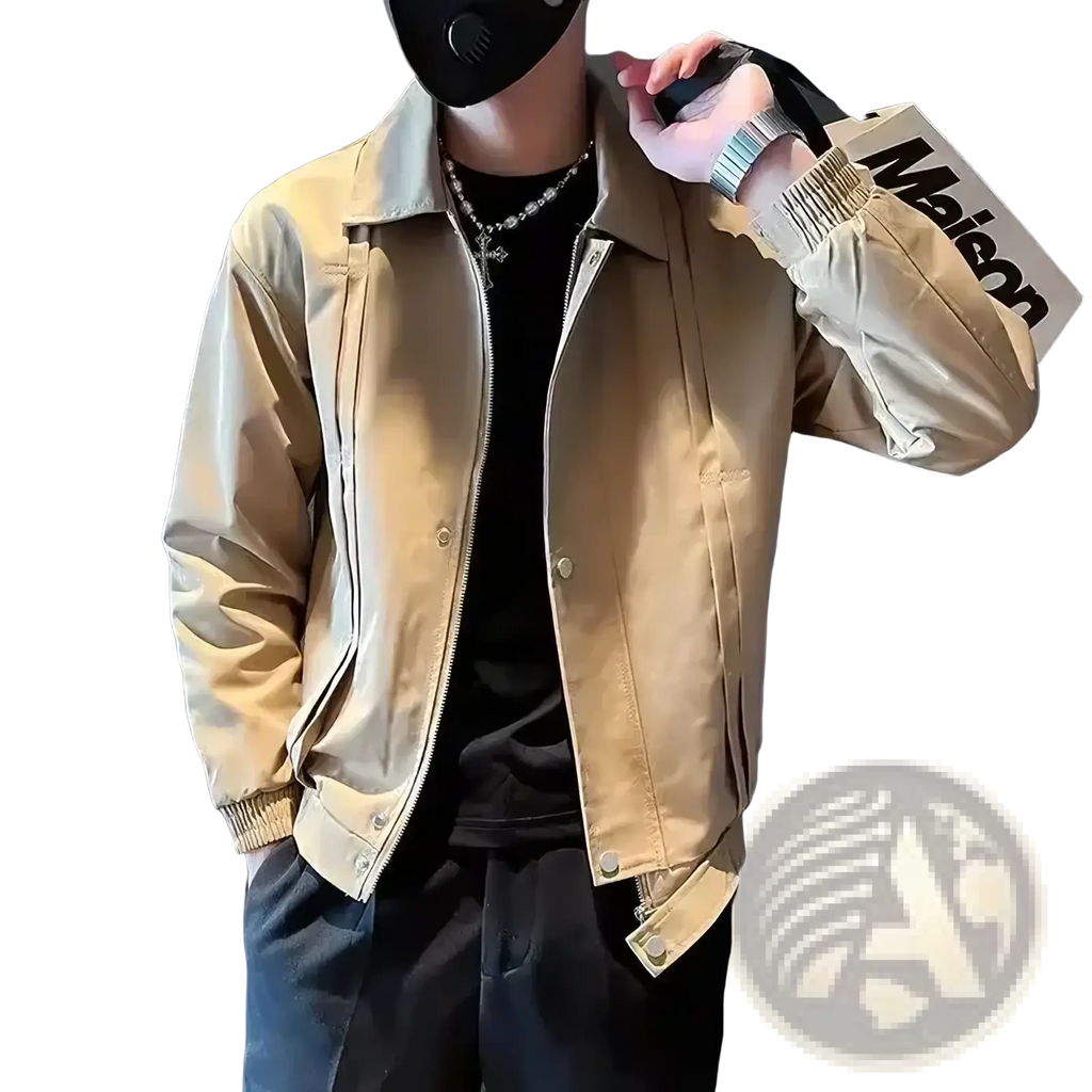 Men casual bomber jacket slim fit beige with ribbed cuffs waistband front zipper and snap button closure