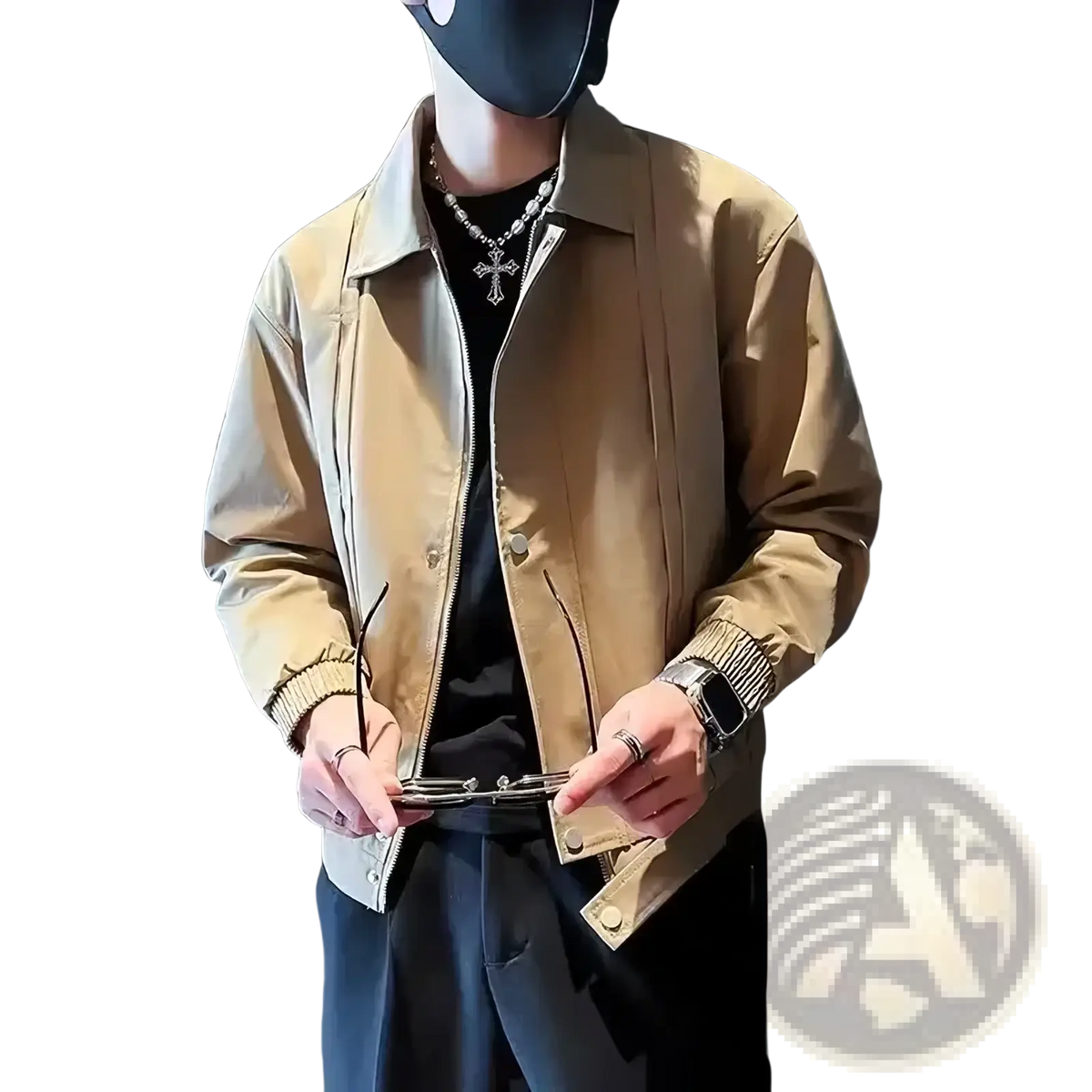 Tan slim fit men casual bomber jacket with zipper front buttoned cuffs and ribbed wristbands outerwear