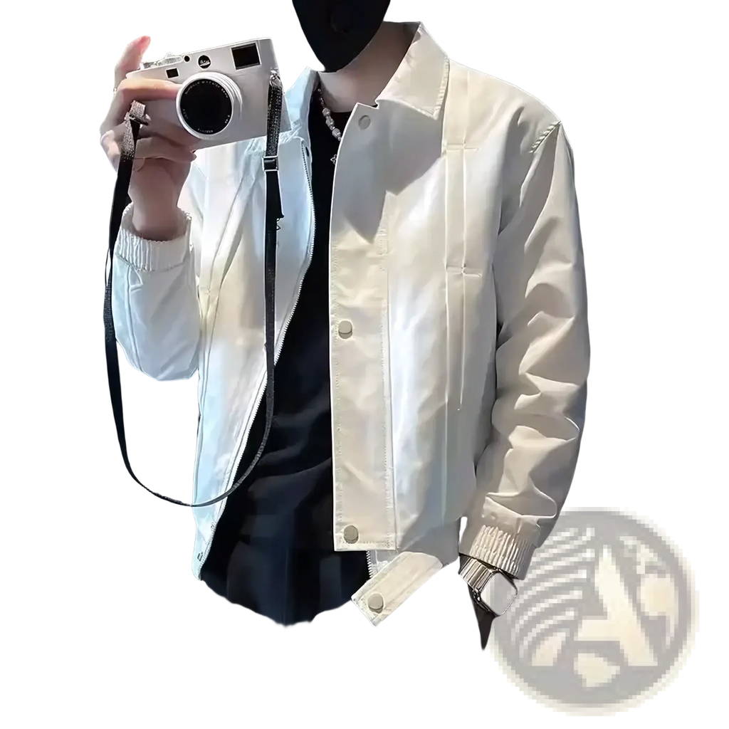 White men casual bomber jacket with ribbed cuffs and collar featuring slim fit and modern outerwear design