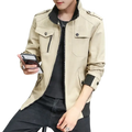 Men casual bomber jacket windbreaker coat in beige with black collar and cuffs featuring flap pockets with zippers and buttons