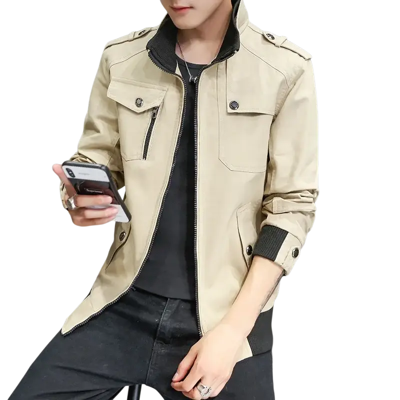 Men casual bomber jacket windbreaker coat in beige with black collar and cuffs featuring flap pockets with zippers and buttons