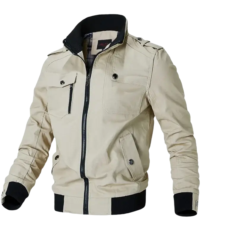 Men casual bomber jacket windbreaker coat in beige with black trim zipper multiple pockets and structured design