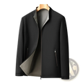 Men casual business stand collar jacket in black zip-up design with contrasting gray lining and subtle side pockets