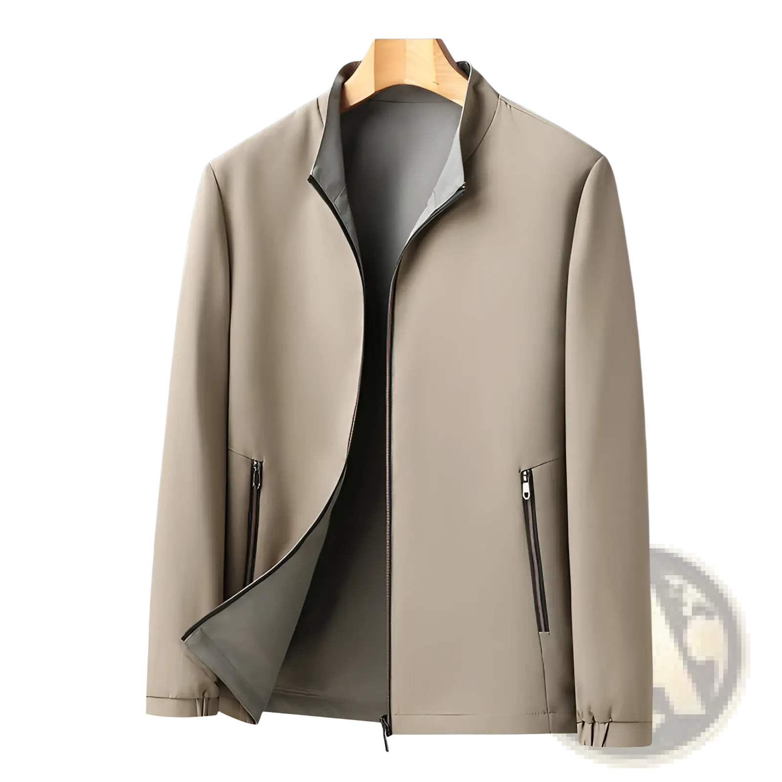 Men casual business stand collar jacket in beige lightweight fabric with sleek modern design and subtle gray inner lining