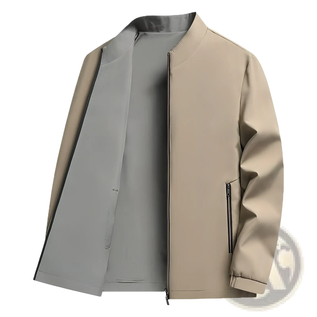 Men casual business stand collar jacket in beige and gray two-tone with a sleek modern bomber design
