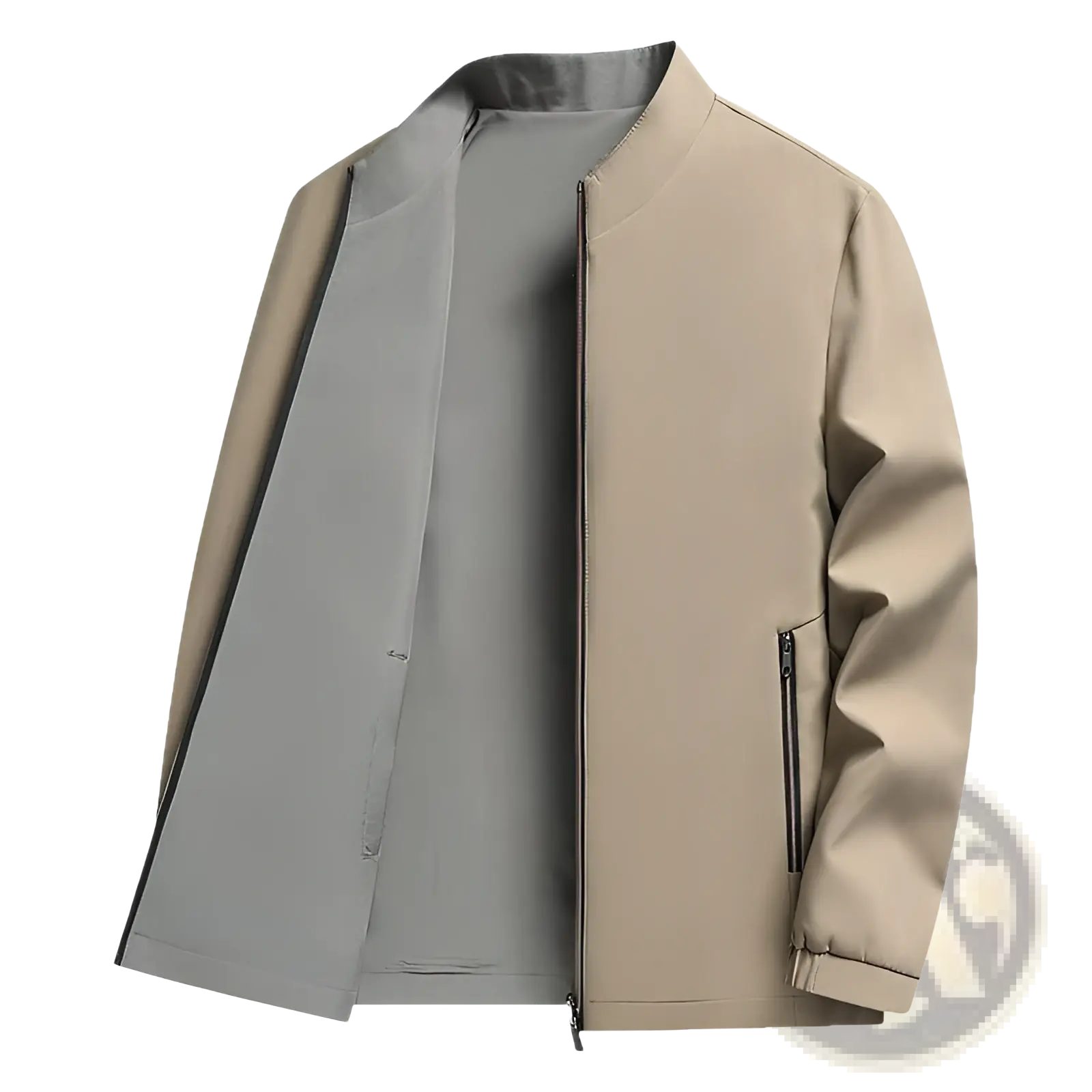 Men casual business stand collar jacket in beige and gray two-tone with a sleek modern bomber design