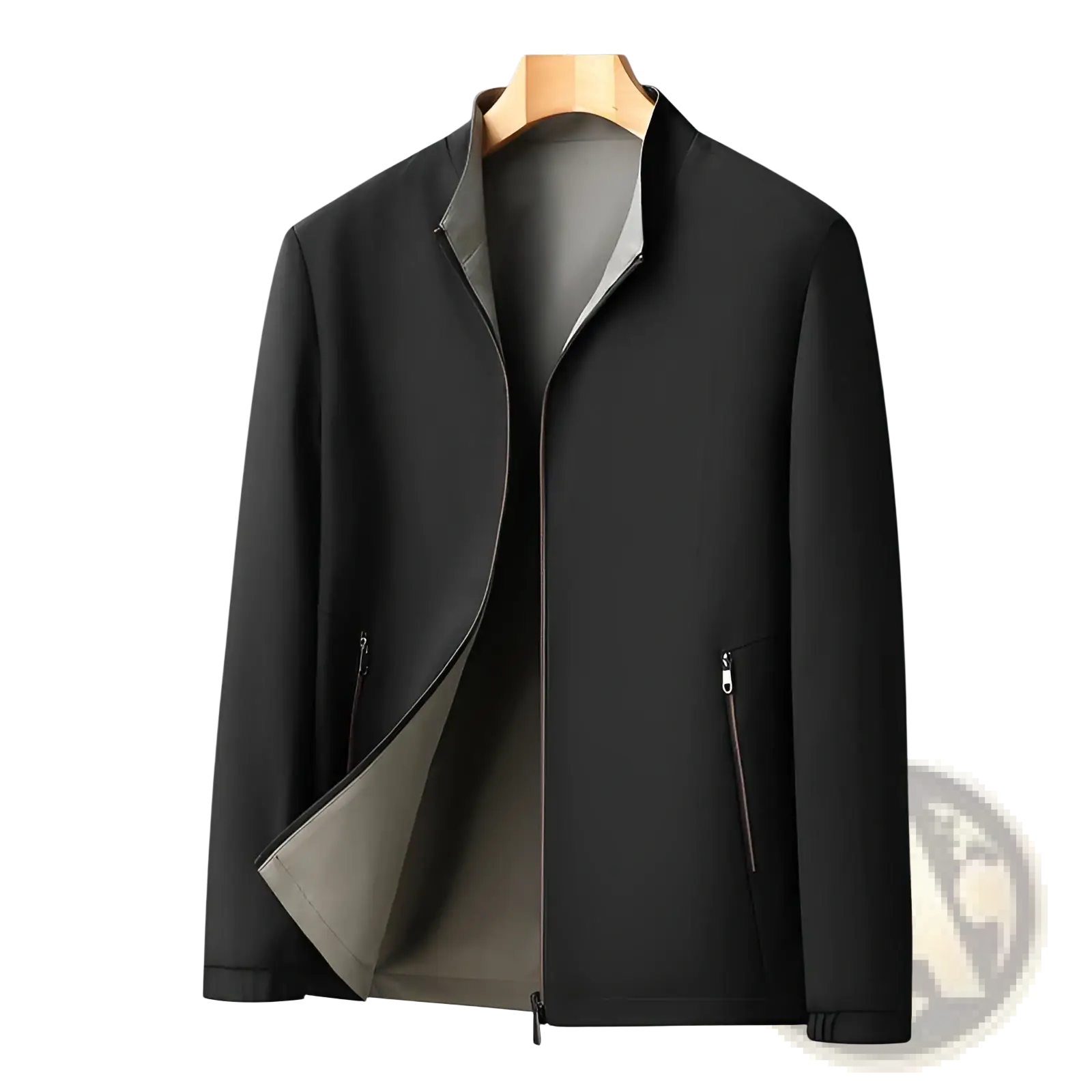 Men casual business stand collar black zip-up jacket with gray inner lining and subtle side pockets