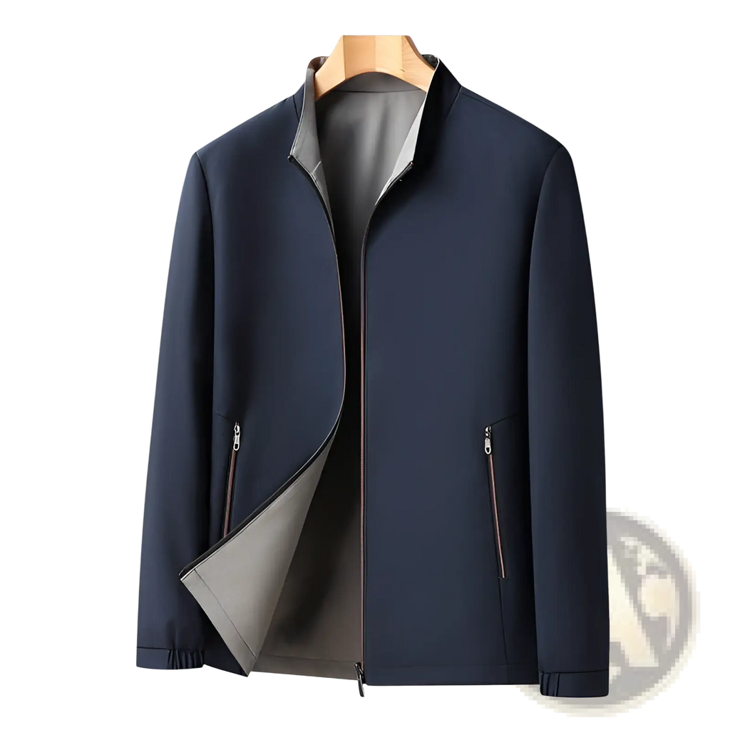 Men casual business stand collar jacket in dark navy blue bomber style with gray lining and subtle zipper detailing