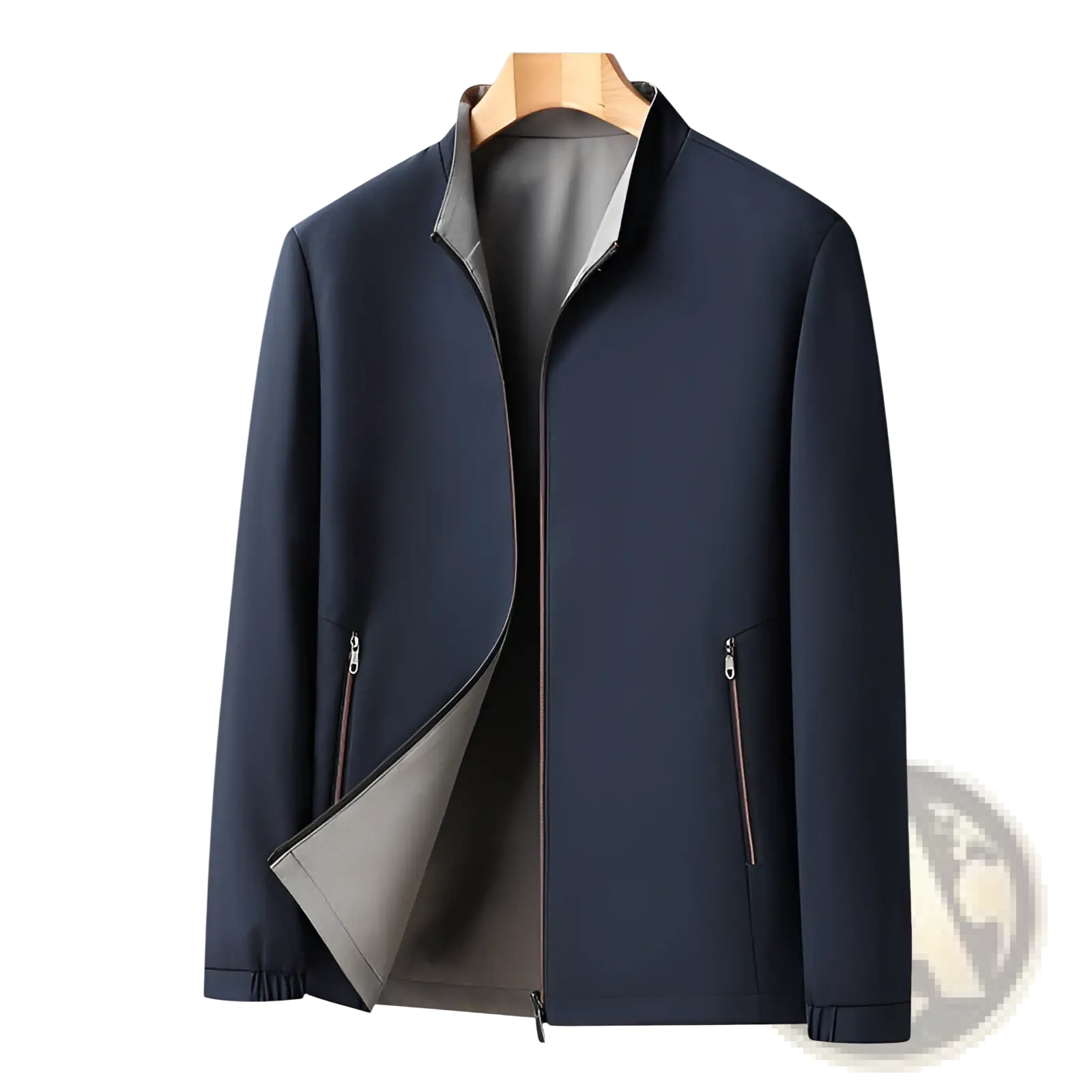 Men casual business stand collar jacket in dark navy blue bomber style with gray lining and subtle zipper detailing