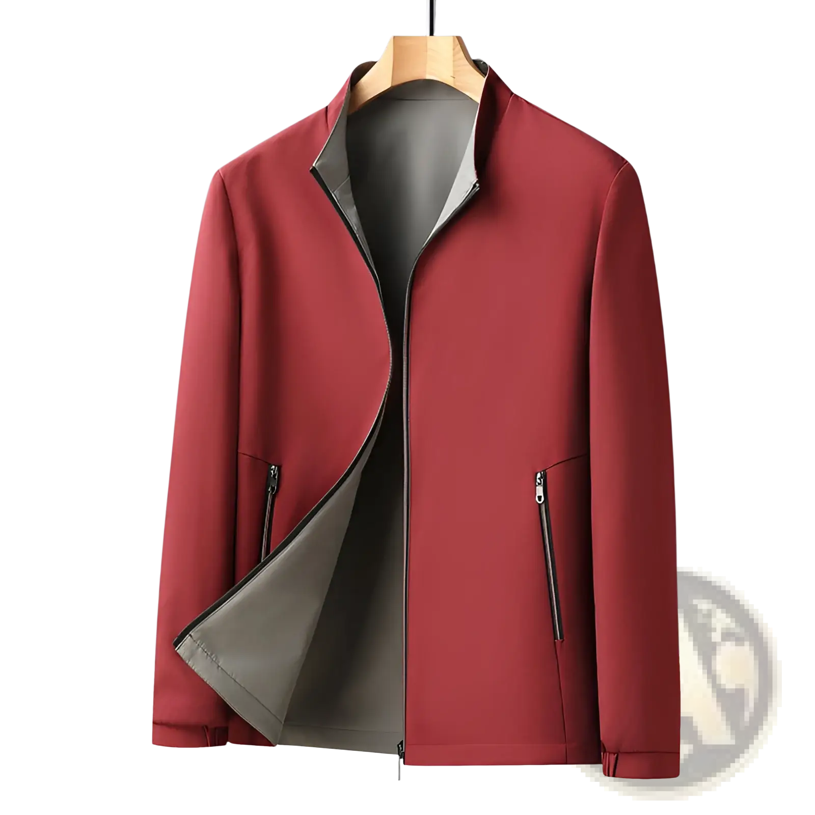 Men casual business stand collar jacket in red with gray inner lining and zippered pockets for lightweight comfort