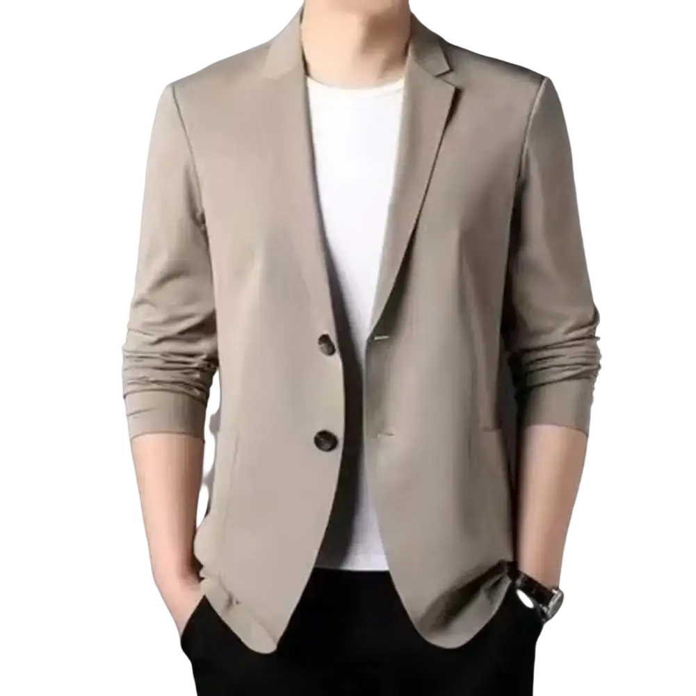 Beige men casual business suit jacket with sleek modern cut and two dark buttons solid color blazer