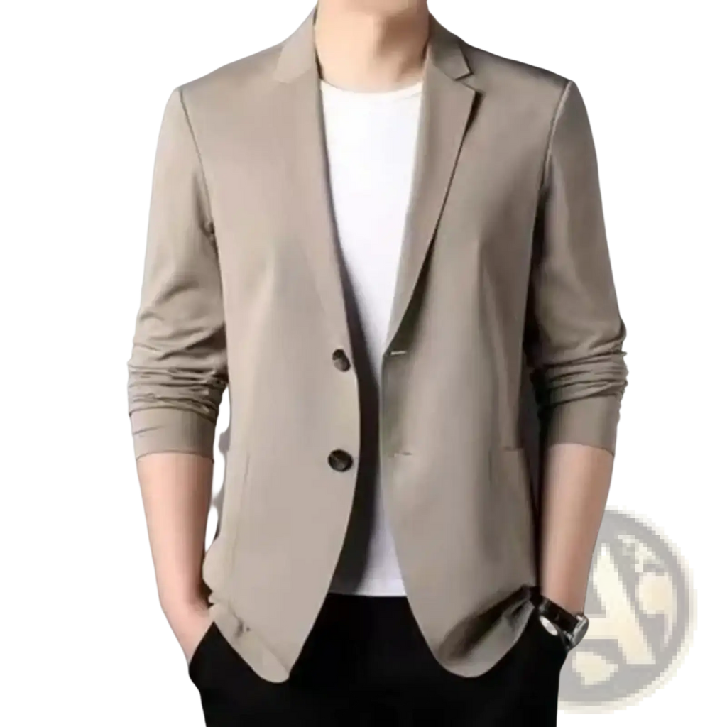 Beige men casual business suit jacket with sleek modern cut and two dark buttons solid color blazer