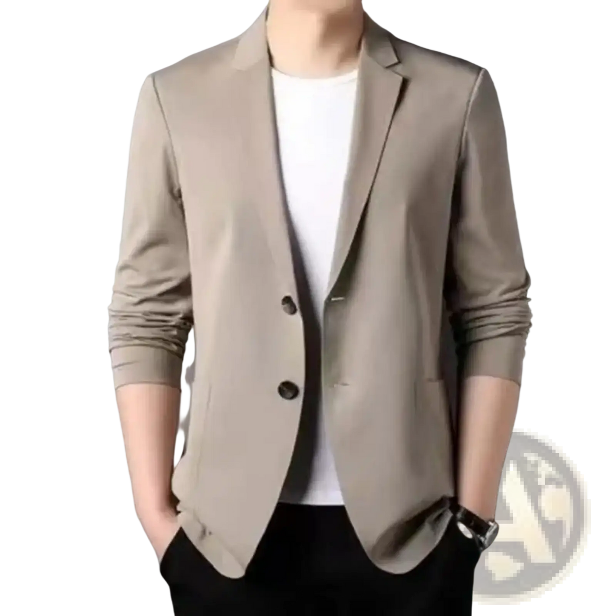 Beige men casual business suit jacket with sleek modern cut and two dark buttons solid color blazer