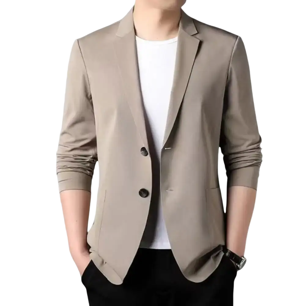 Beige slim-fit men’s casual business suit jacket with two black buttons and rolled-up sleeves solid color blazer