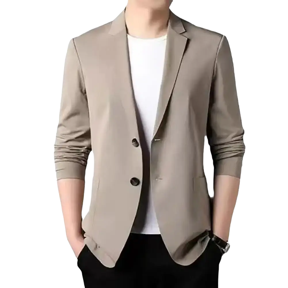 Beige slim-fit men casual business suit jacket blazer with two dark buttons and rolled-up sleeves