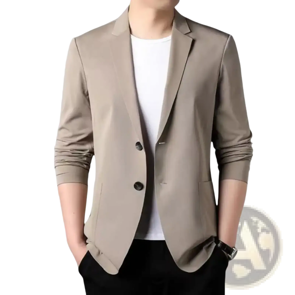 Beige slim-fit men’s casual business suit jacket with two black buttons and rolled-up sleeves solid color blazer