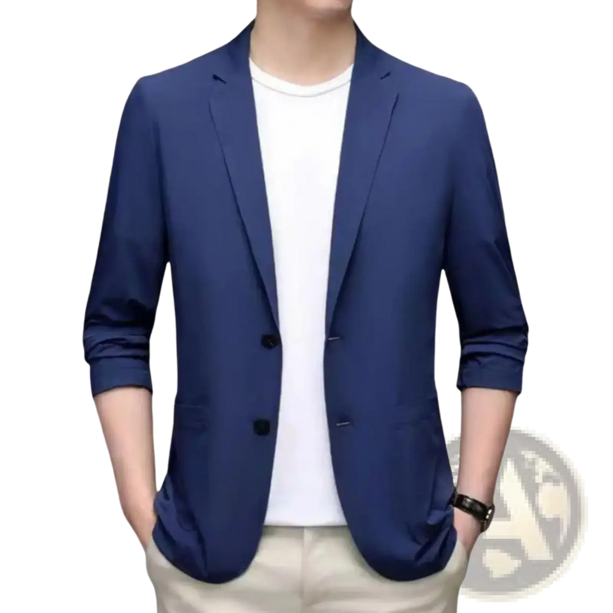 Navy blue slim-fit men’s casual business suit jacket with black buttons and rolled-up sleeves in solid color