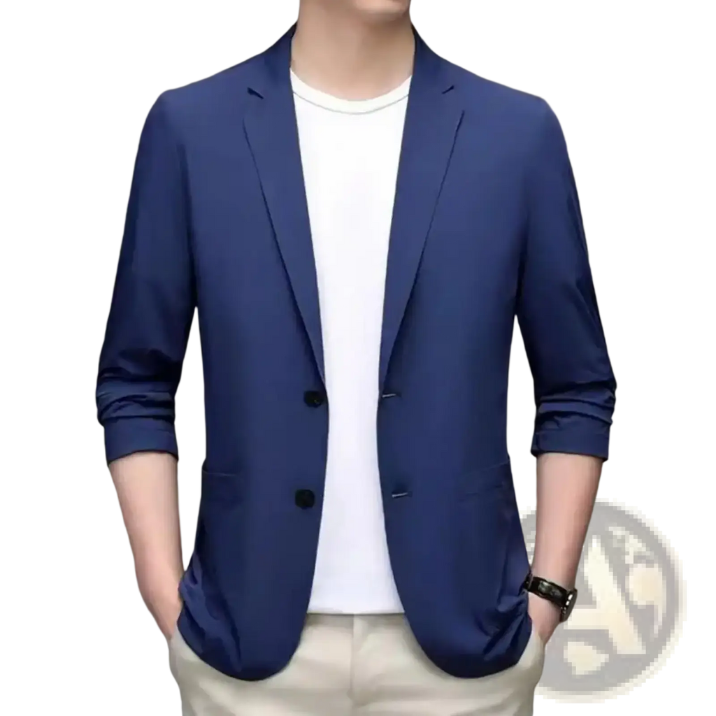 Men casual business suit jacket navy blue slim-fit blazer with black buttons and rolled-up sleeves solid color
