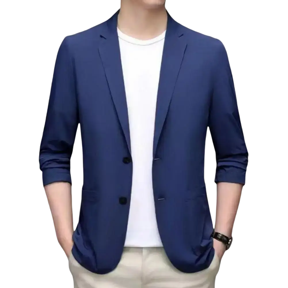 Navy blue slim-fit men casual business suit jacket with black buttons and rolled-up sleeves for versatile wear