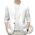 White single-breasted men casual business suit jacket with black buttons and rolled-up sleeves solid color blazer