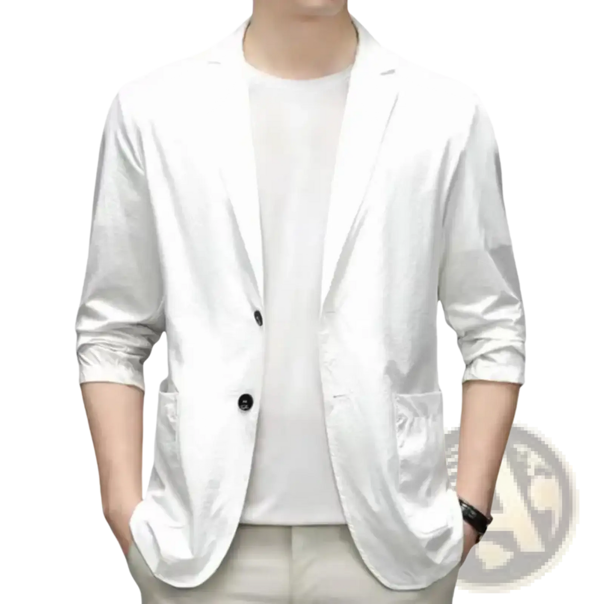 White single-breasted men casual business suit jacket with black buttons and rolled-up sleeves solid color blazer