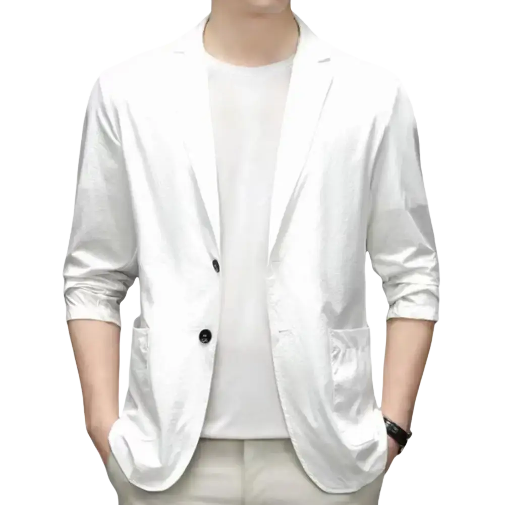 White single-breasted men casual business suit jacket with black buttons and rolled-up sleeves solid color blazer