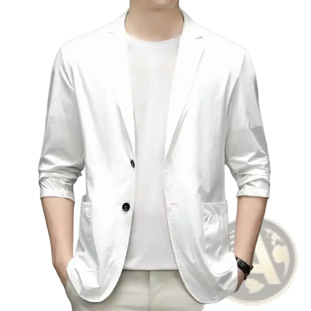 Men casual business suit jacket white single-breasted blazer with black buttons and rolled-up sleeves