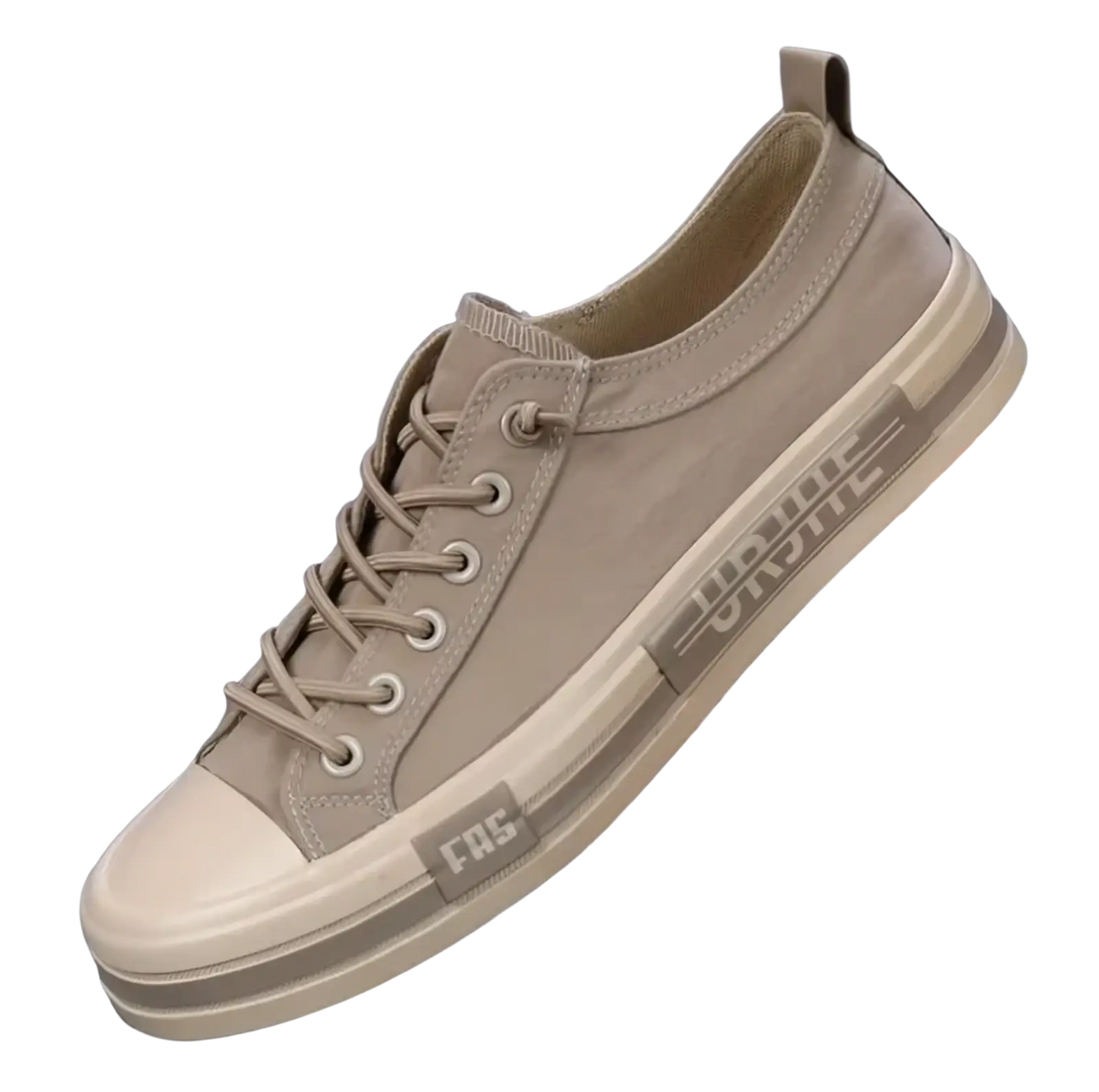 Beige canvas low-top men casual sneaker with white rubber toe cap sole and subtle cag logo on heel tab back view