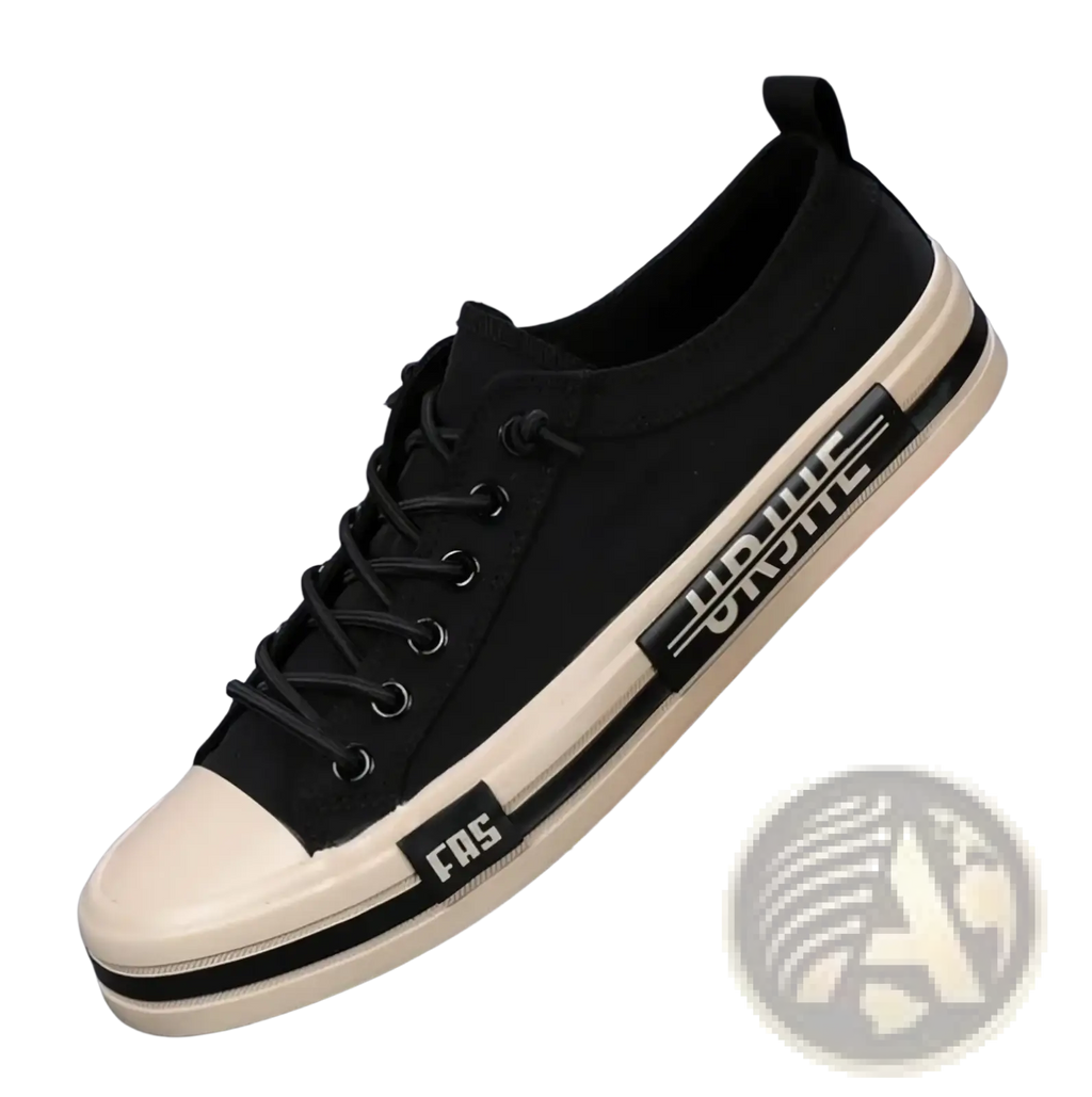 Men casual canvas sneakers lightweight summer shoes in black with white rubber toe cap sole and contrasting side stripe