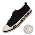 Men casual canvas sneakers lightweight summer shoes in black with white rubber toe cap sole and contrasting side stripe
