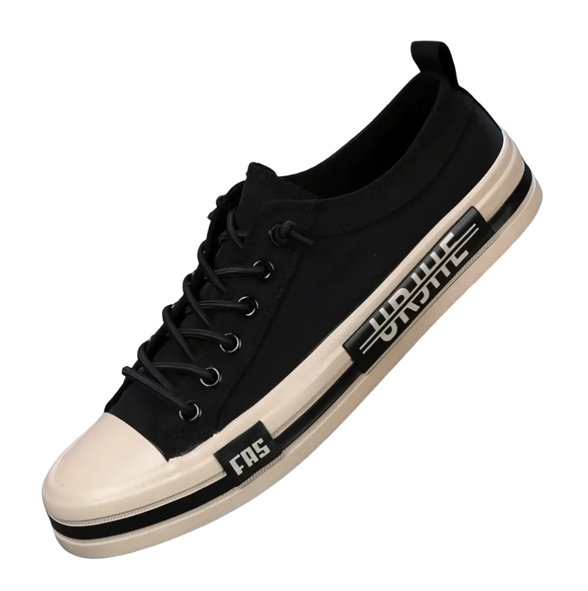 Men casual canvas sneakers lightweight summer shoes in black with white rubber toe cap sole and contrasting side stripe