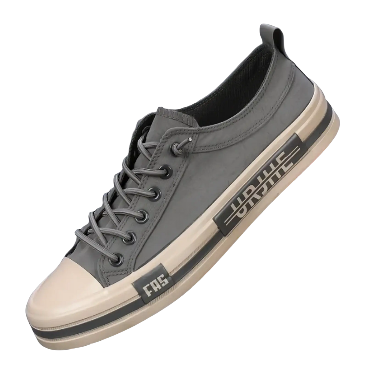 Men casual gray canvas low-top sneakers with white rubber toe cap and sole featuring black branding stripes