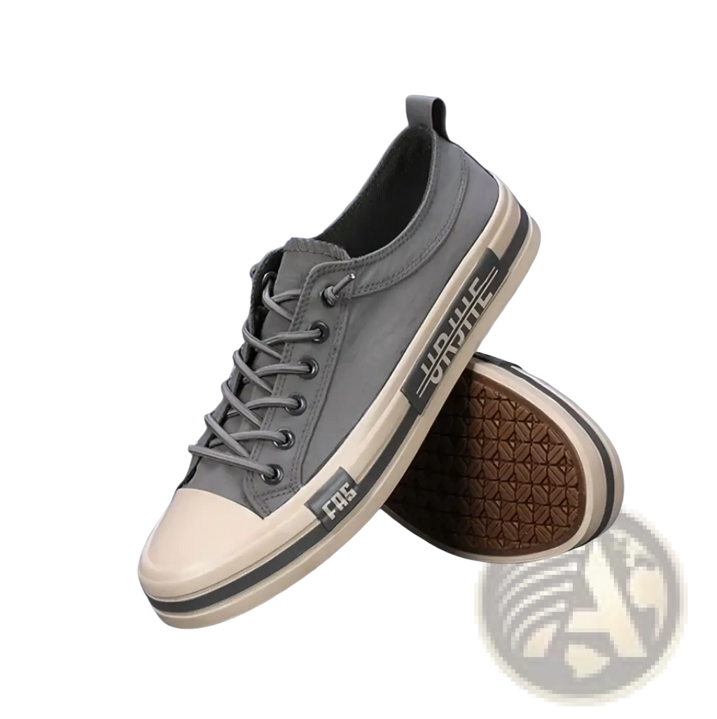 Gray canvas low-top men casual sneakers with white rubber toe cap sole and black branding for lightweight summer use