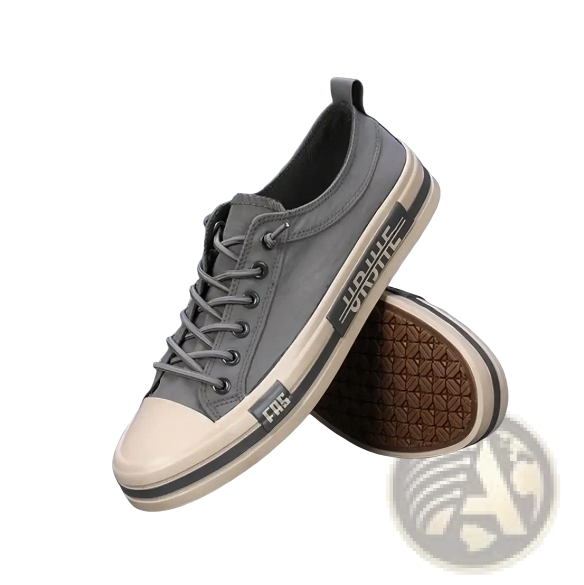 Gray canvas low-top men casual sneakers with white rubber toe cap sole and black branding for lightweight summer use