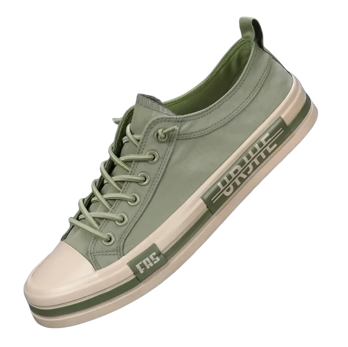 Men casual olive green canvas low-top sneaker with white rubber sole and fas branding for lightweight summer wear