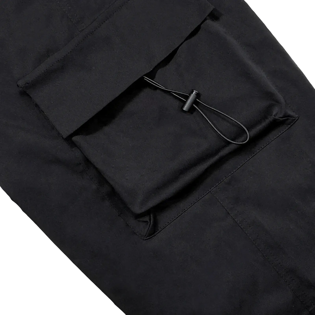 Men casual cargo pants in black durable fabric with multiple pockets and drawstring closures for streetwear use
