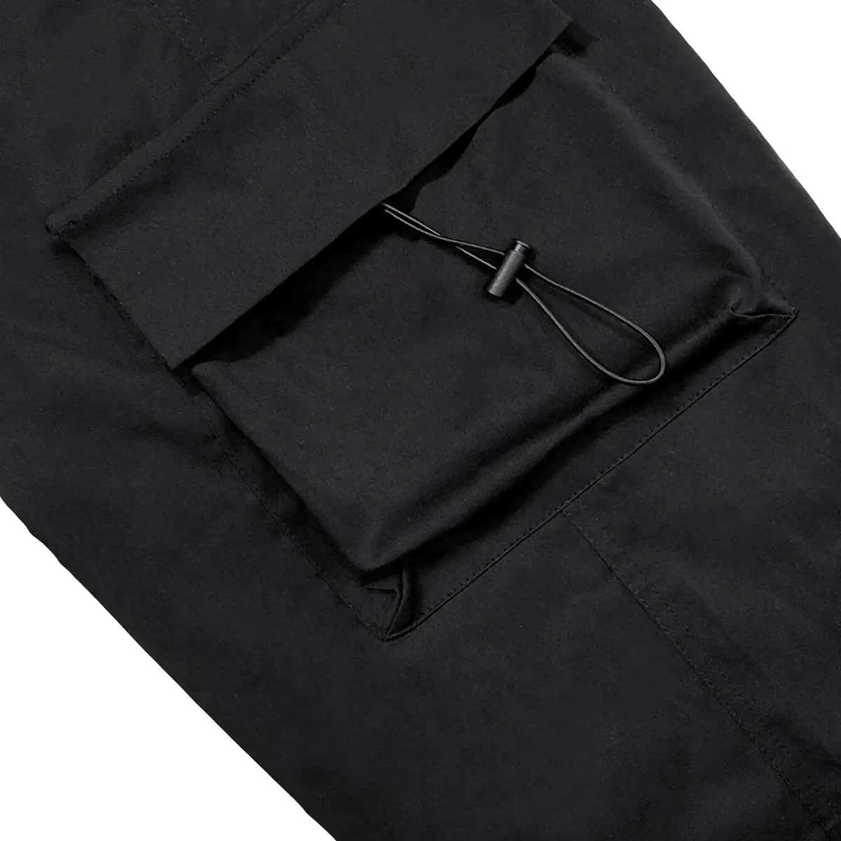 Men casual cargo pants in black durable fabric with multiple pockets and drawstring closures for streetwear use