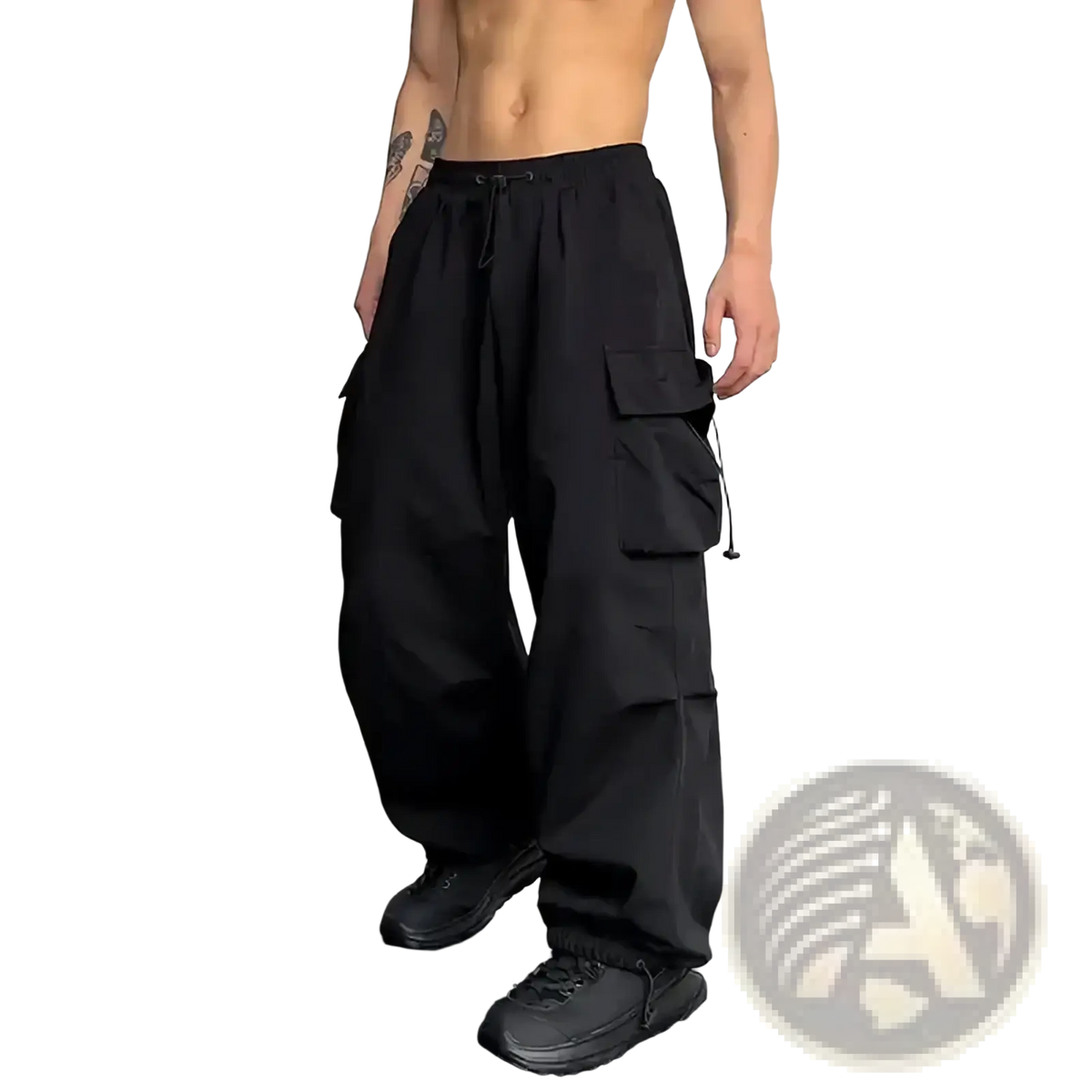 Black men casual cargo pants with multiple pockets and drawstring waistband for streetwear and everyday use