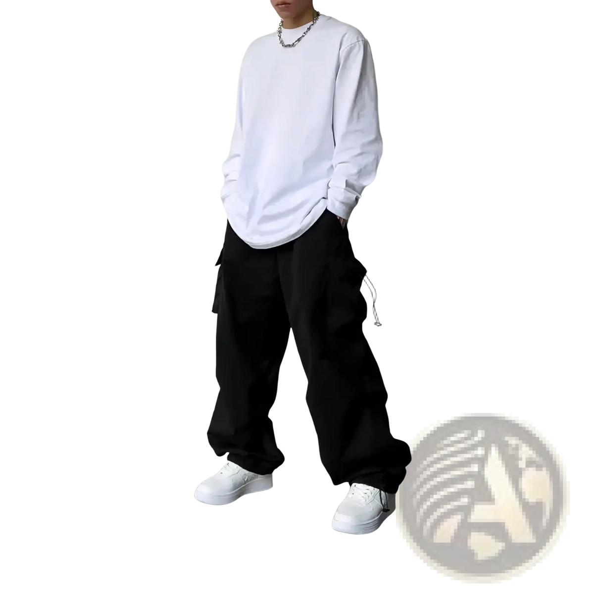 Men casual black cargo pants with side pockets and drawstrings designed for streetwear and everyday use