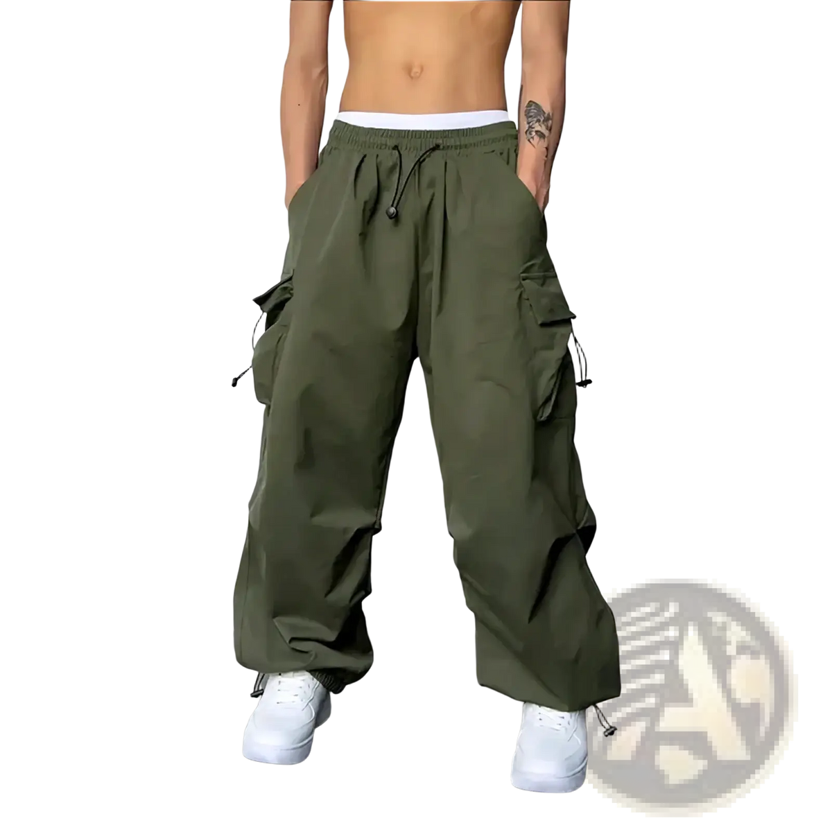 Men casual cargo pants in olive green featuring multiple side pockets and a drawstring waistband for streetwear use