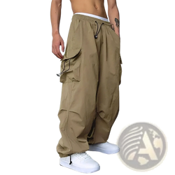 Men casual khaki cargo pants with multiple pockets and drawstrings in a straight streetwear design