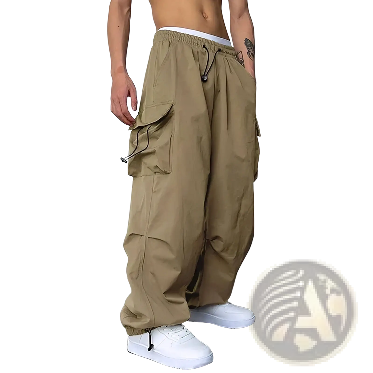 Men casual khaki cargo pants with multiple pockets and drawstrings in a straight streetwear design