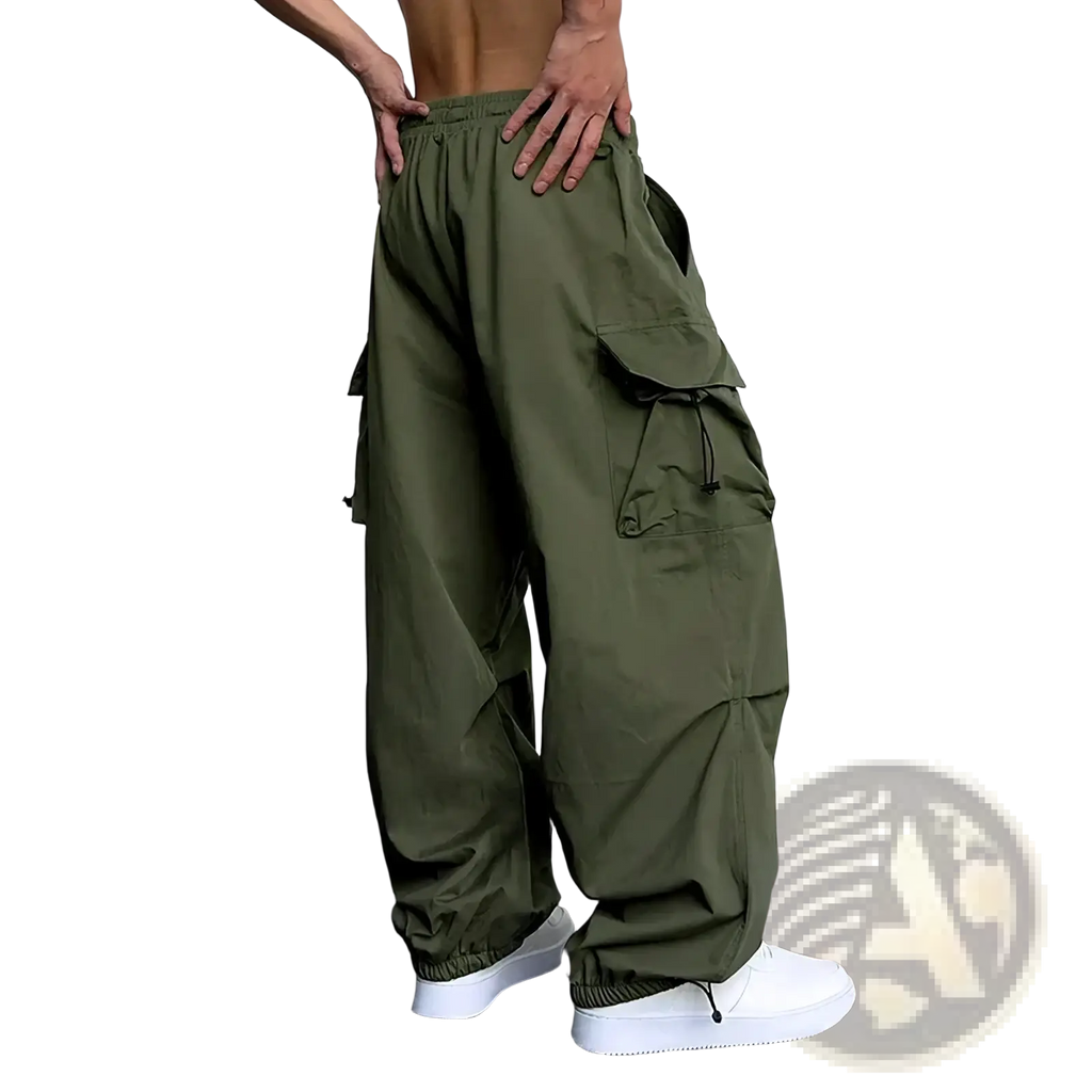 Men casual olive green cargo pants with multiple pockets and elastic waistband for streetwear and everyday use