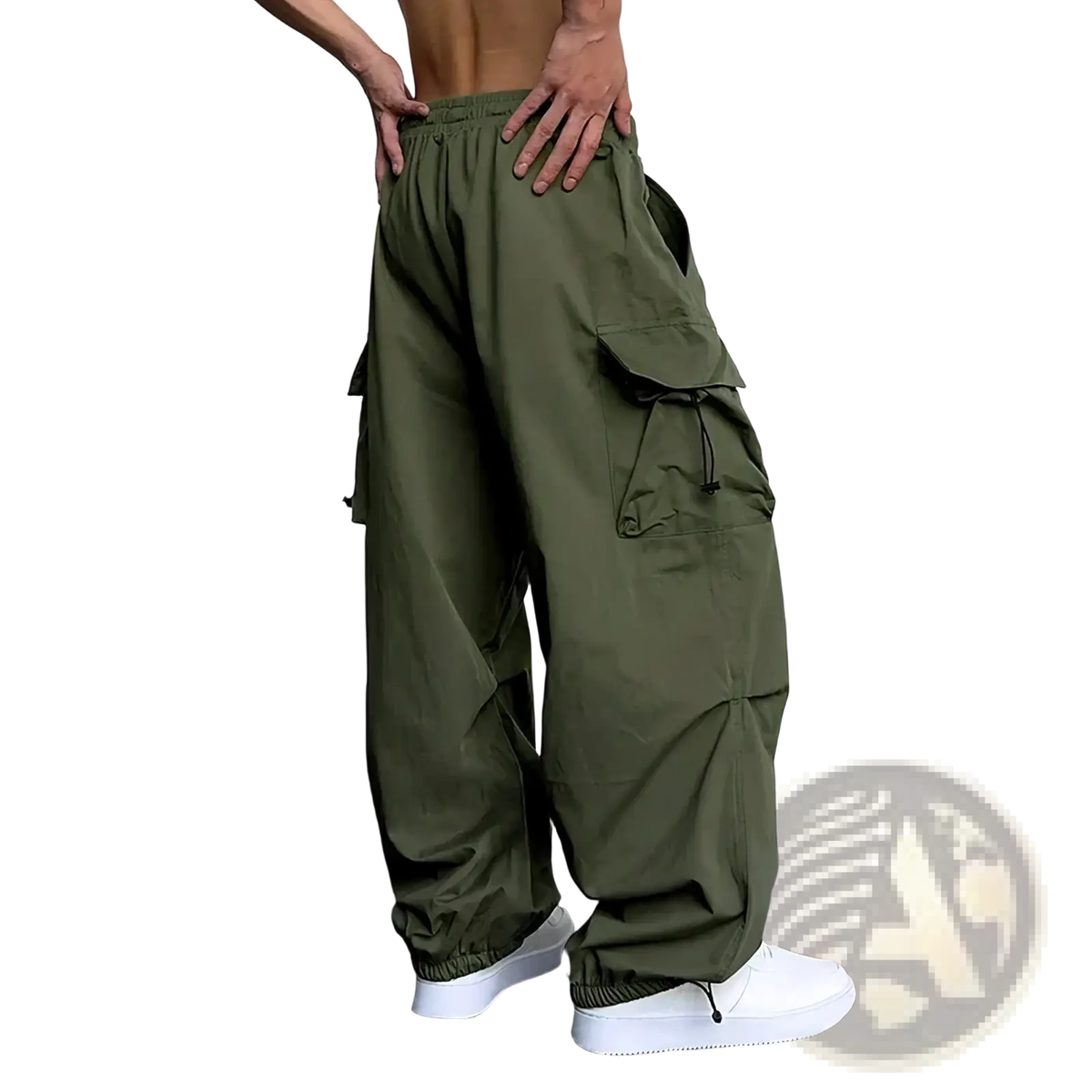 Men casual olive green cargo pants with multiple pockets and elastic waistband for streetwear and everyday use