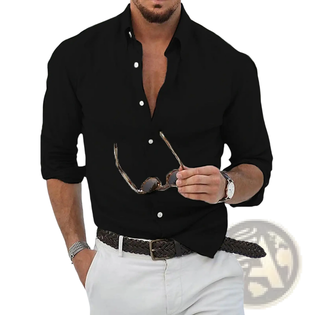 Men casual cotton button down shirt black long sleeve with white buttons and rolled cuffs for everyday wear
