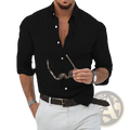 Men casual cotton button down shirt black long sleeve with white buttons and rolled cuffs for everyday wear