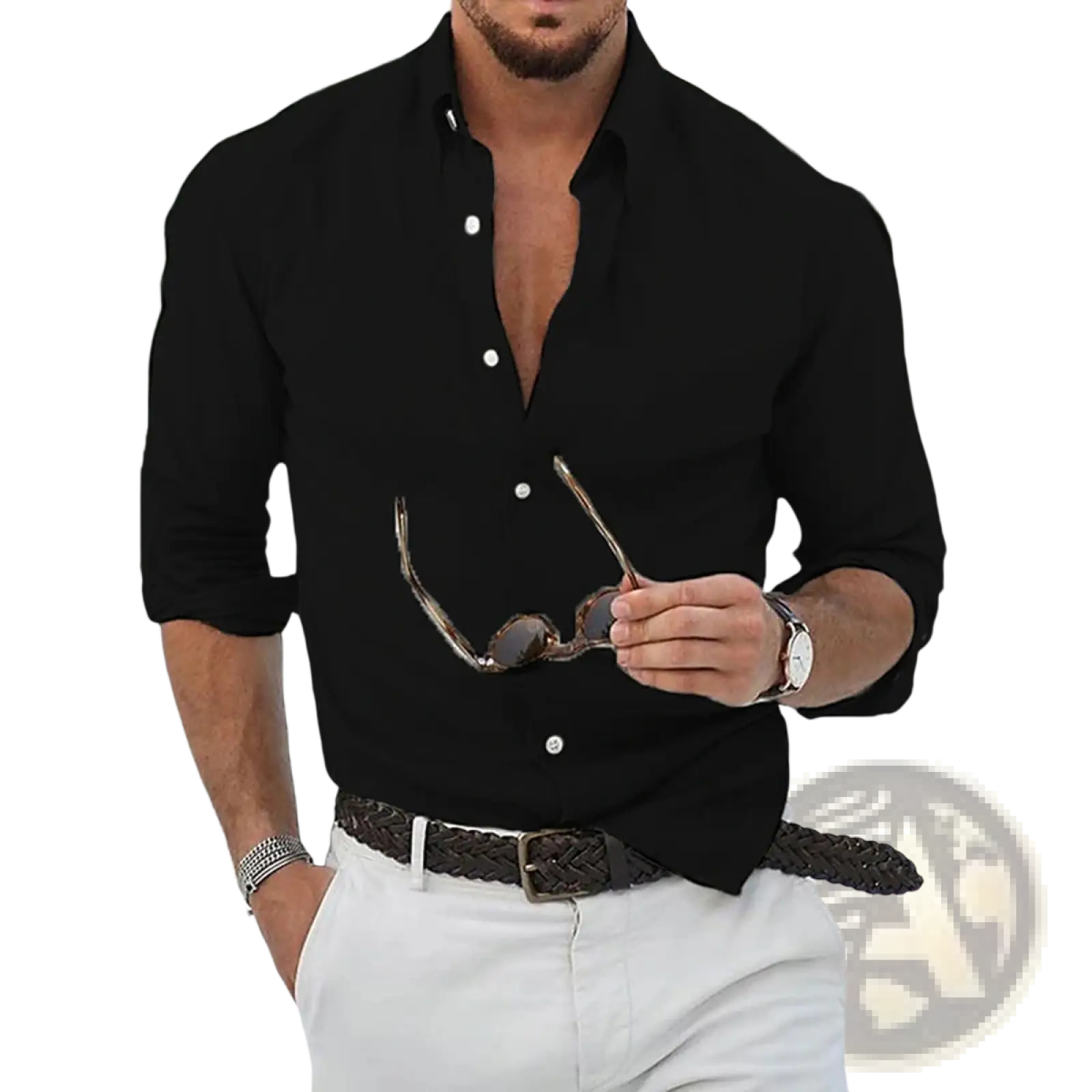 Men casual cotton button down shirt black long sleeve with white buttons and rolled cuffs for everyday wear