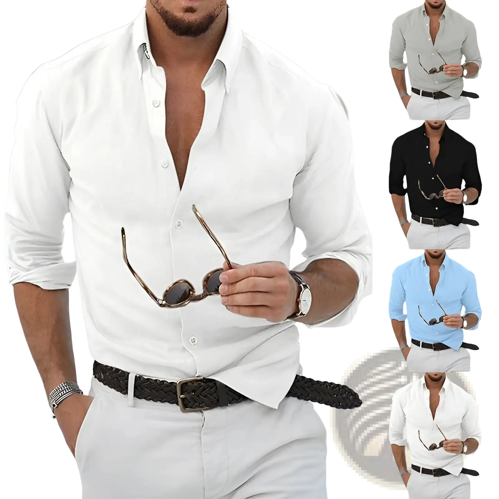 Men casual cotton button down short sleeve shirt in white with v neckline and rolled sleeves for everyday wear