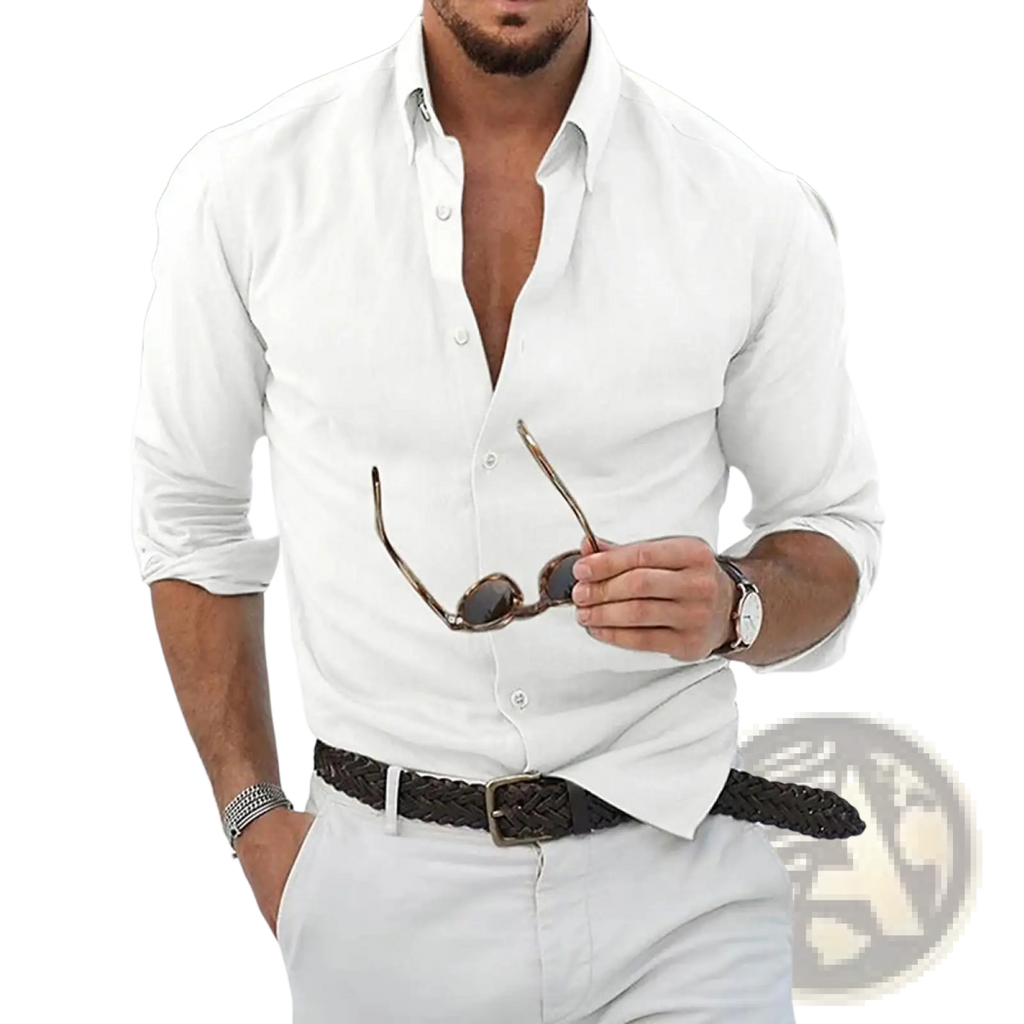 A white casual cotton button down shirt for men with rolled sleeves and a slightly open collar